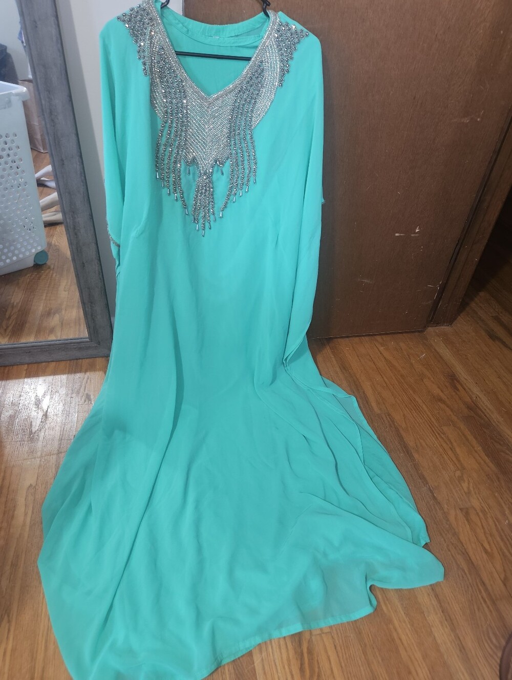 Embellished Turquoise Maxi Caftan with Silver Beaded Neck Detail & Underlayer